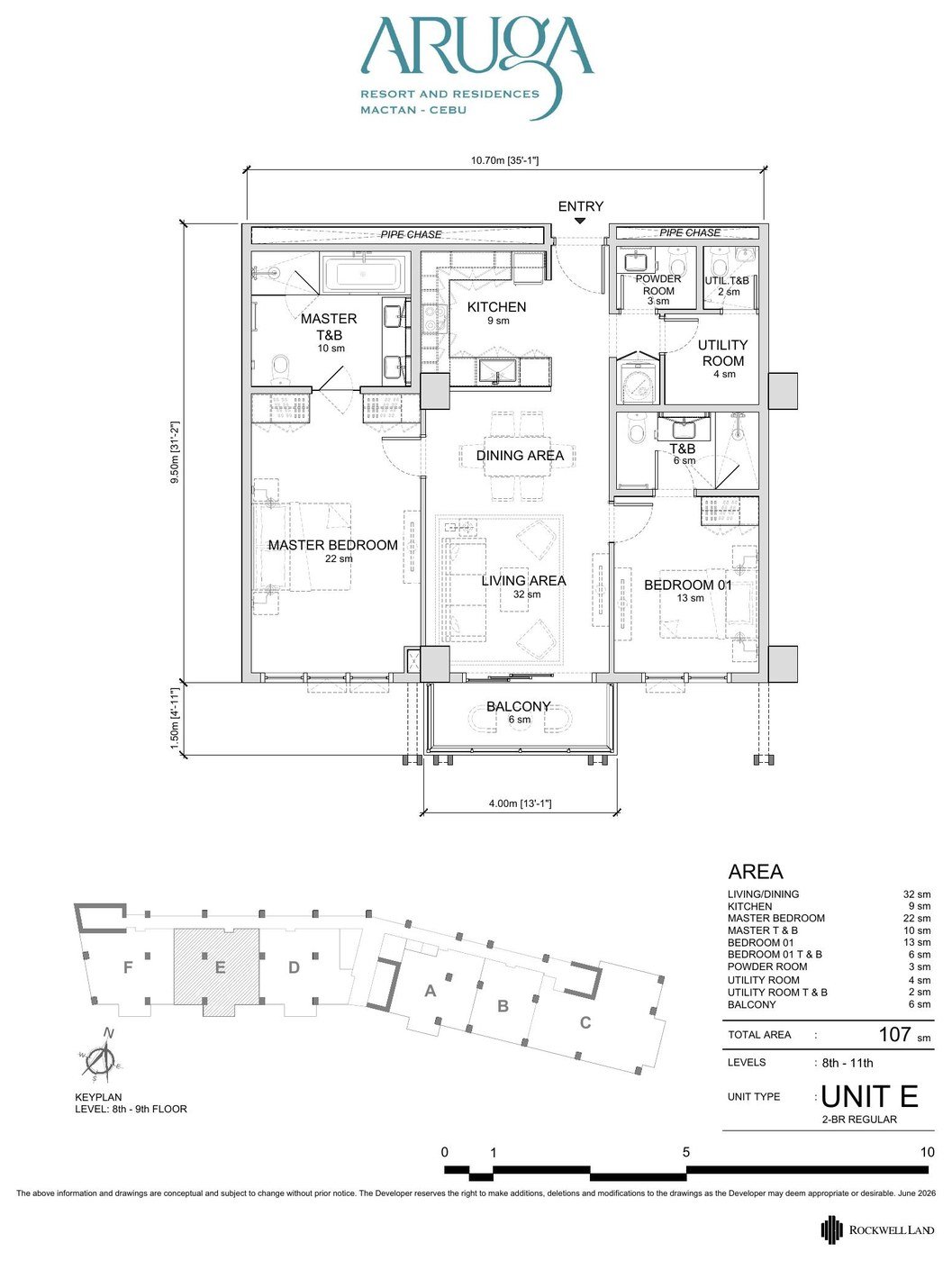 Unit plan of the Two Bedroom Premiere, 107 sqm