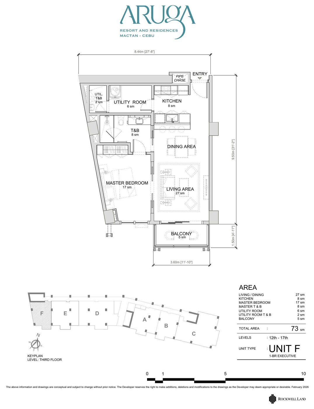Unit plan of the One Bedroom Executive, 73 sqm