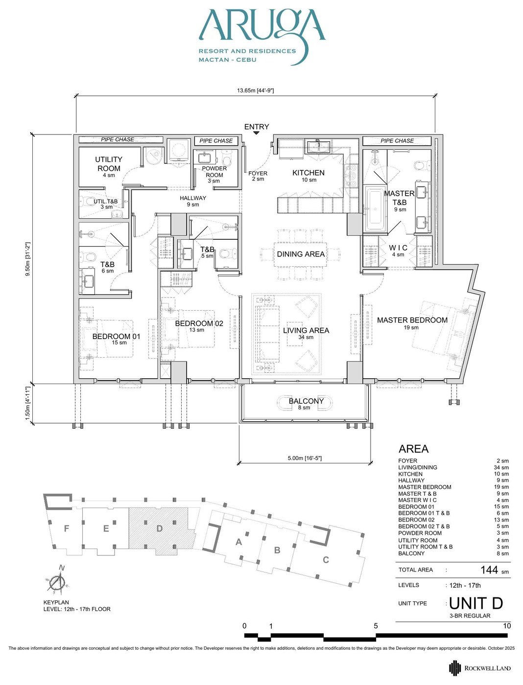 Unit plan of the Three Bedroom, 144 sqm