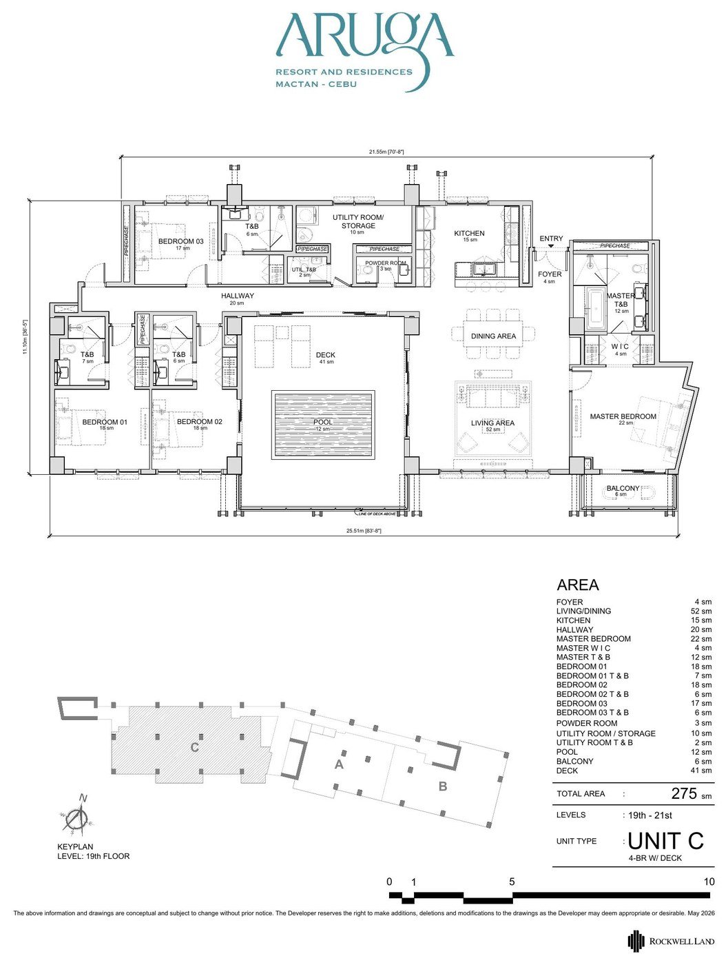 Unit plan of the Four Bedroom with Deck, 275 sqm