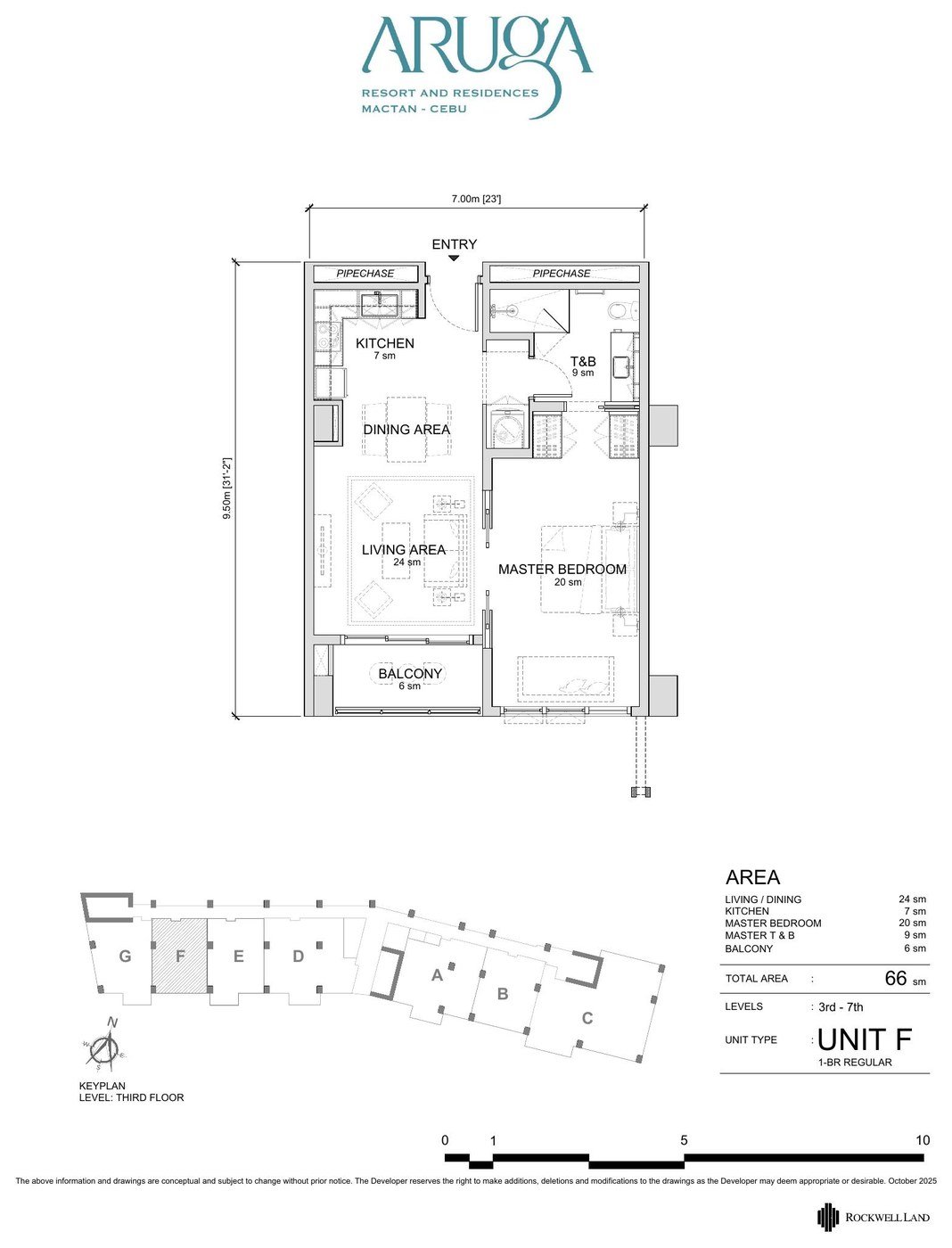 Unit plan of the One Bedroom, 66 sqm